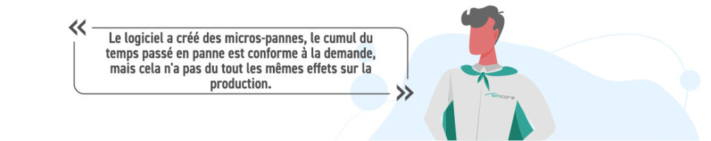 Le logiciel a créé des micros-pannes, le cumul du temps passé en panne est conforme à la demande, mais cela n'a pas du tout les mêmes effets sur la production (les temps ne sont pas suffisant pour créer des saturations ou des désamorçages qui entraineraient des ARRÊTS INDUITS.