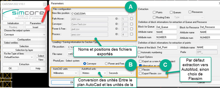 Paramètres Cad2Sim avant d'exporter vers la simulation Automod ou Flexsim